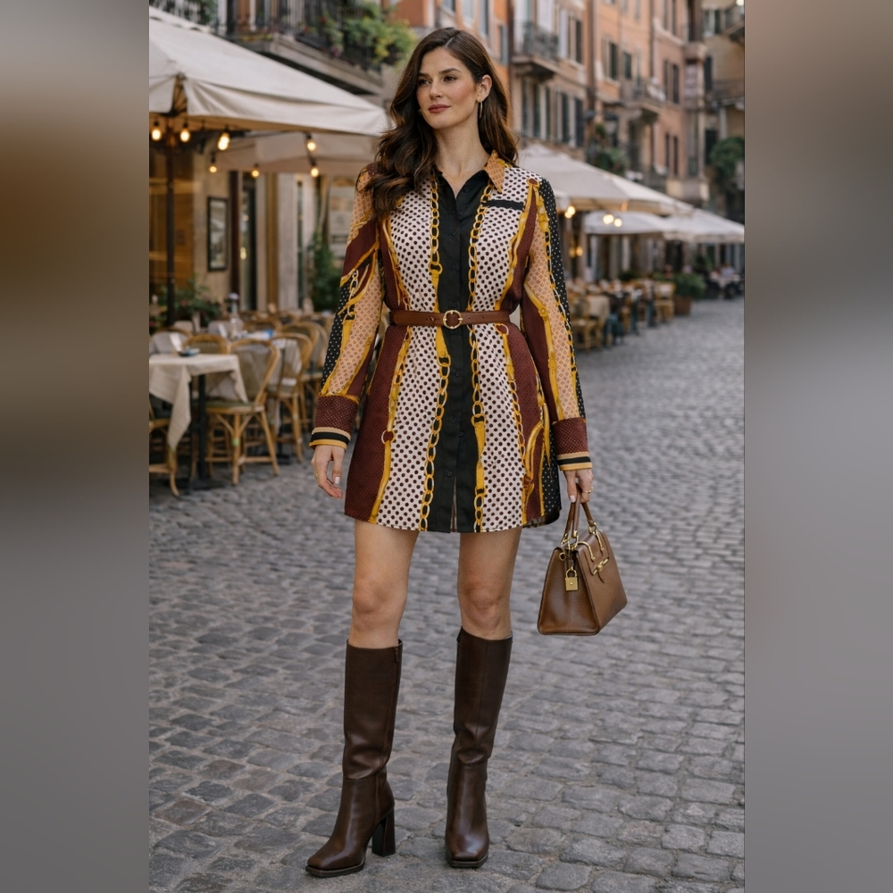 Zara Mini Dress in Brown, Black, Cream & Yellow